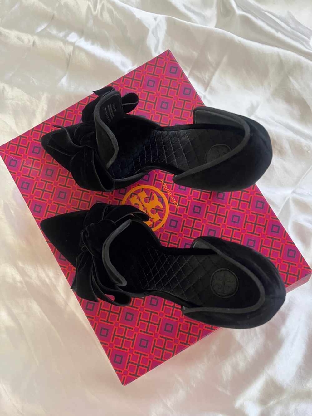 Tory Burch Black Velvet D'Orsay Pumps with Bow and Sculptural Bead Heel - Picture 2 of 9